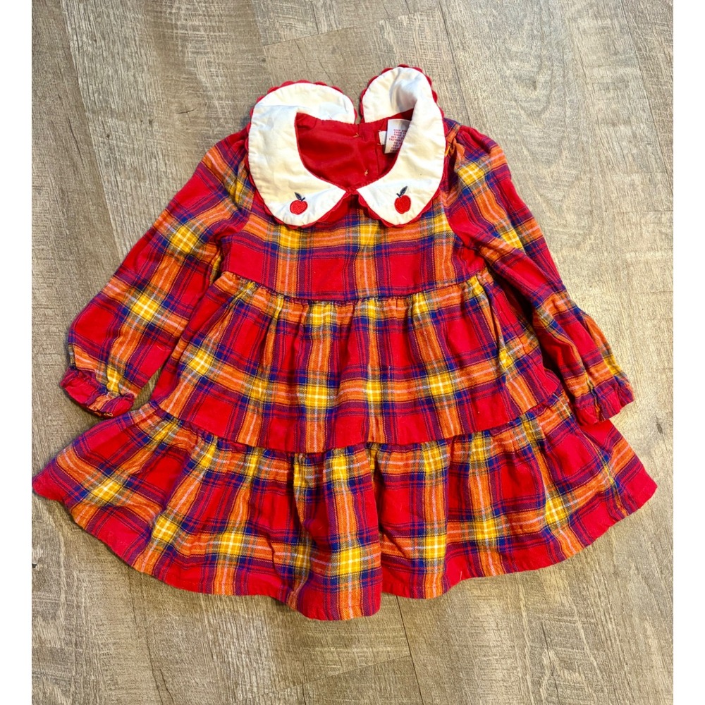 Tahari Baby Girl Red Plaid Tiered Dress Apple Collar Wooden Buttons 24M